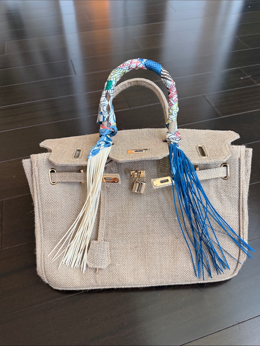 Amazon Natural Linen Satchel with Blue & Cream Tassels Medium
